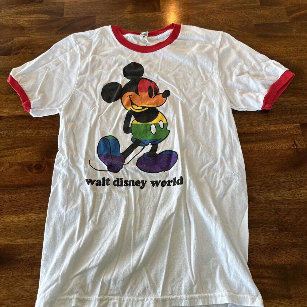 Walt Disney World Mickey Mouse Ringer T Shirt Rainbow Pride Size Medium Small